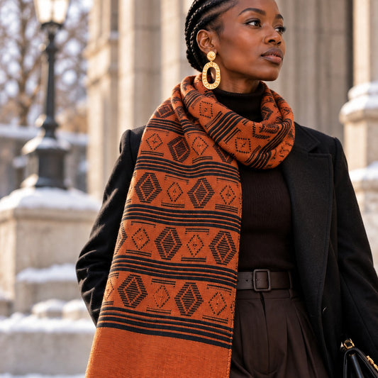 Écharpe-étole Manjak de Luxe orange brique et noire portée par une femme sur un manteau noir – grand format 78 cm de large