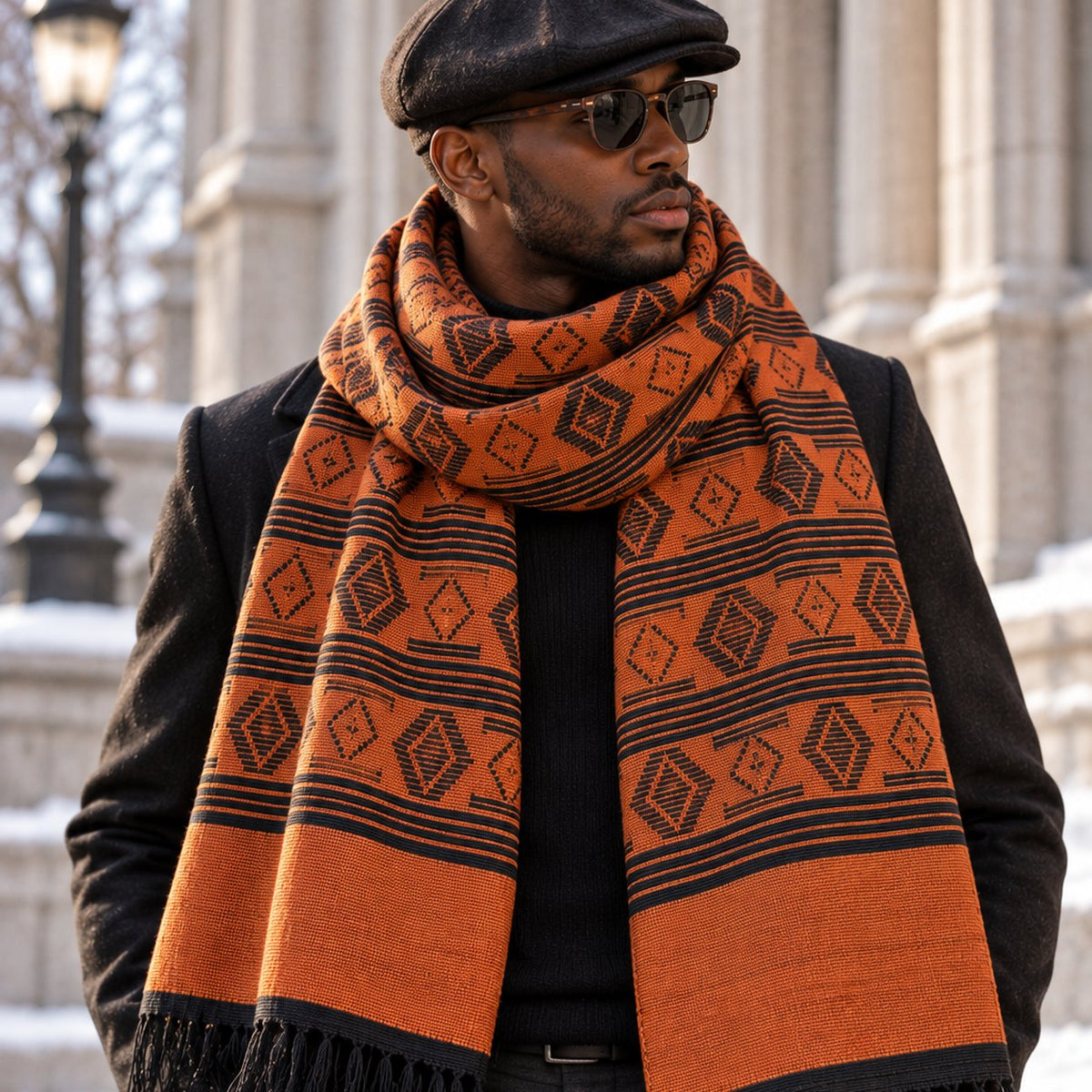 Écharpe-étole Manjak de Luxe orange brique et noire portée par un homme sur un manteau noir