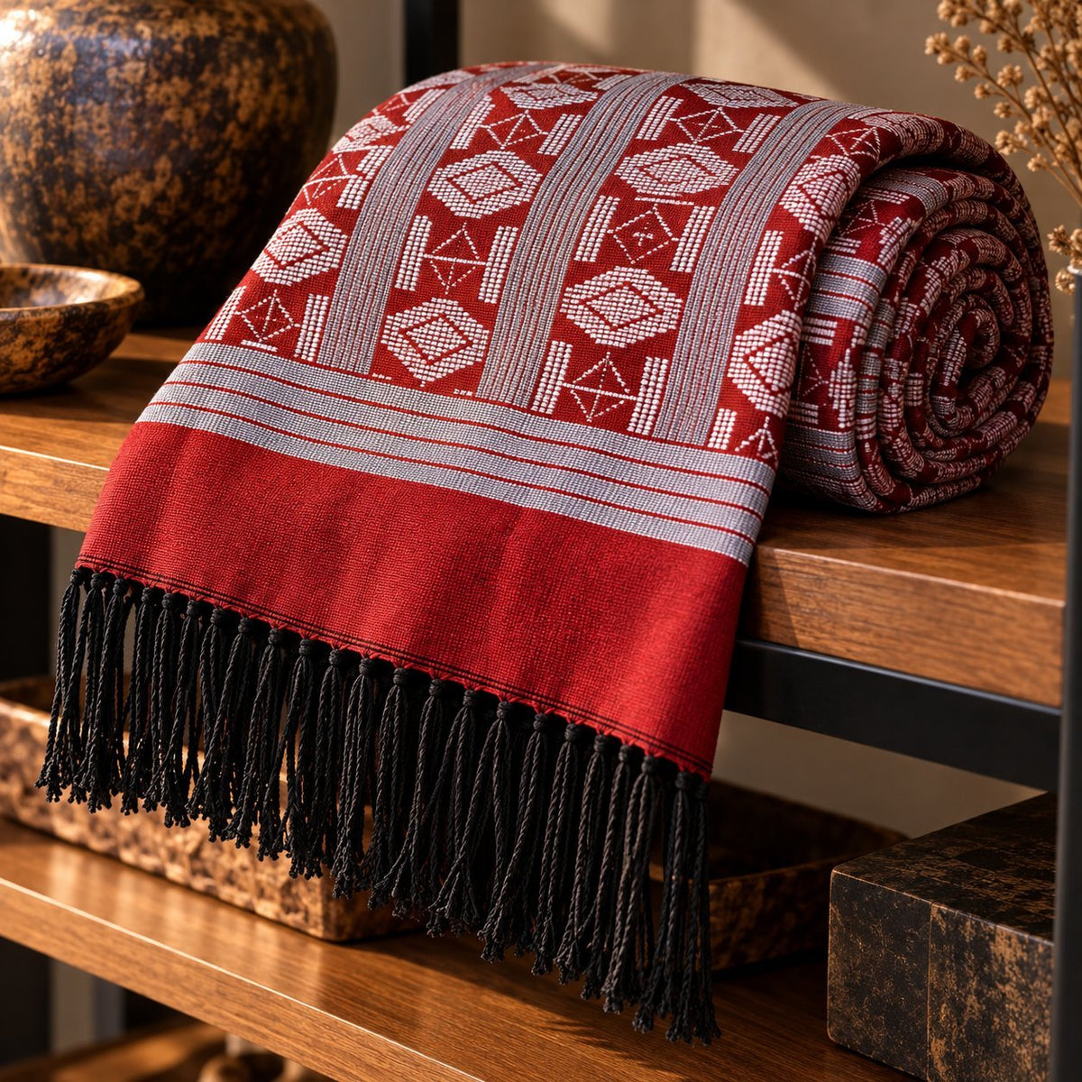 Écharpe-étole Manjak de Luxe rouge roulée, motifs blancs et gris tissés main sur toute la longueur, bordure rouge et franges noires