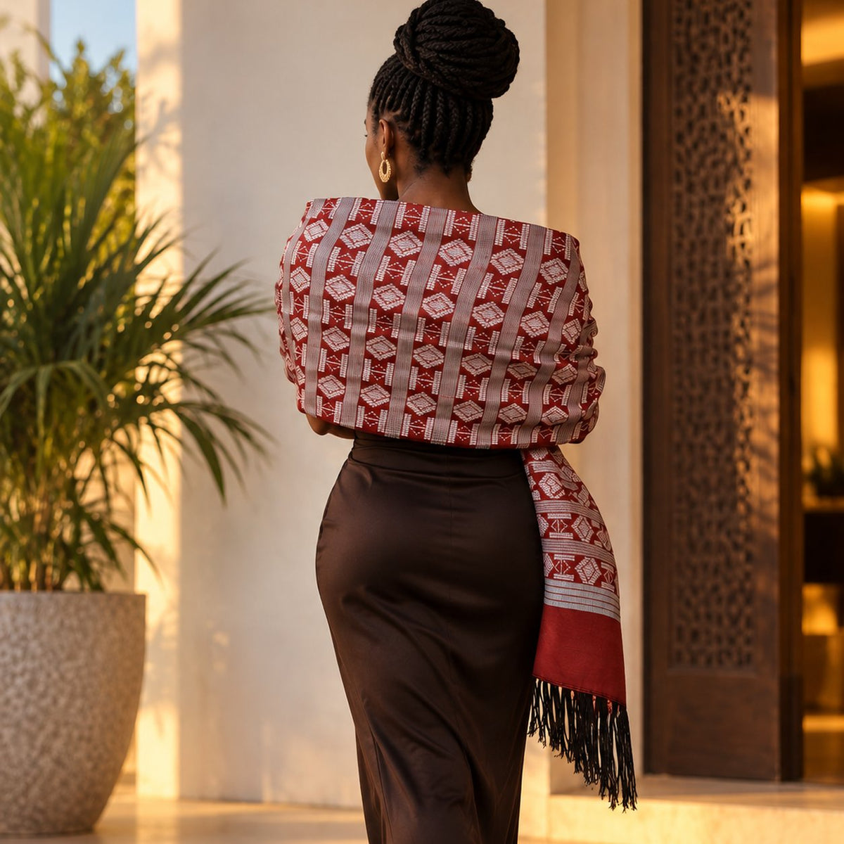 Écharpe-étole Manjak de Luxe rouge et blanc portée en châle sur les épaules par une femme en jupe longue chocolat – grand format 78 cm de large