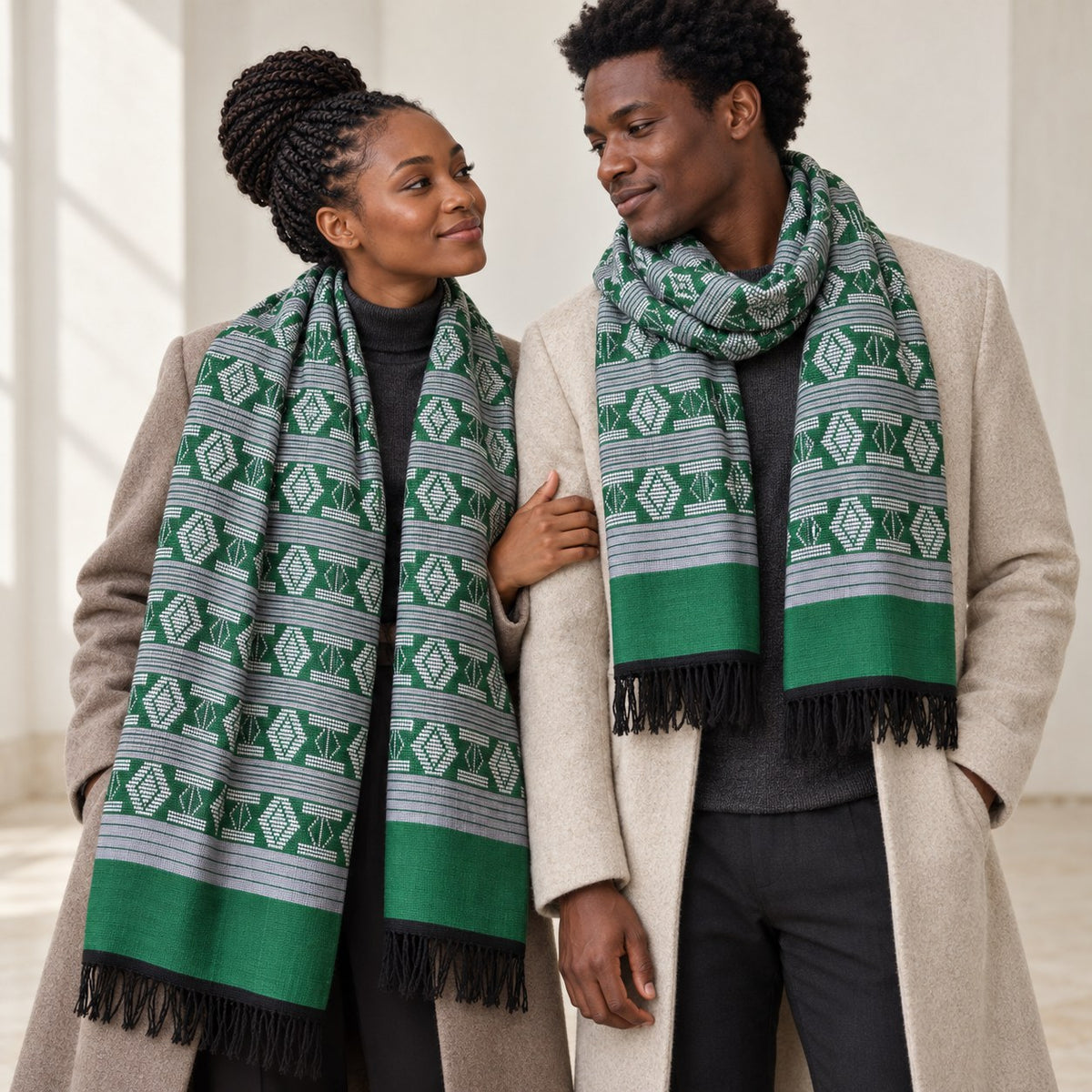Écharpe-étole Manjak de Luxe verte portée en couple – modèle mixte homme et femme