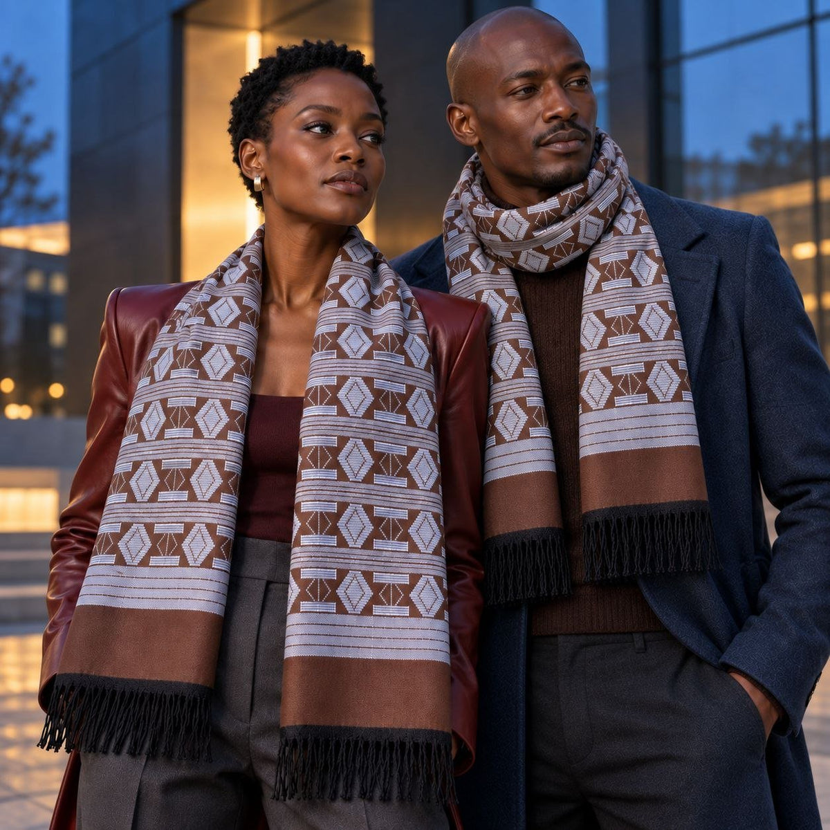 Écharpe Manjak de Luxe marron et blanc cassé portée en couple – écharpe mixte