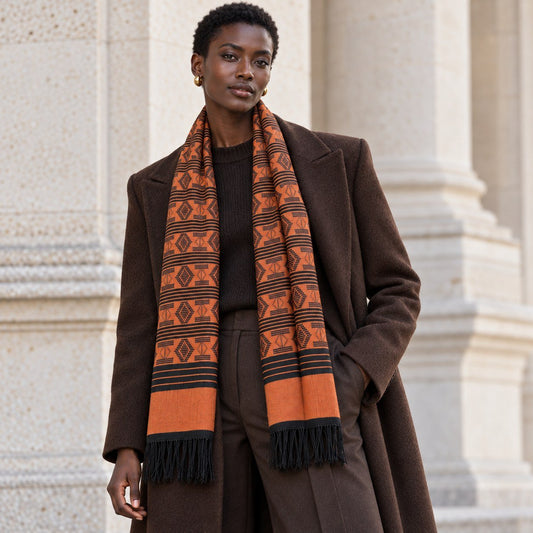 Écharpe Manjak de Luxe orange brique et noire portée par une femme sur un manteau marron