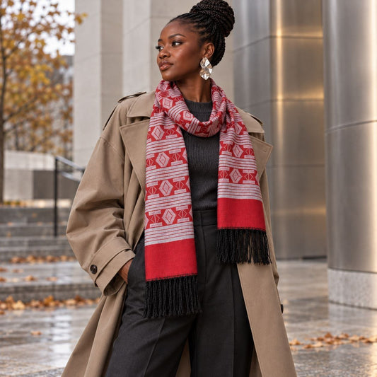Écharpe Manjak de Luxe rouge et blanc portée par une femme sur un trench beige