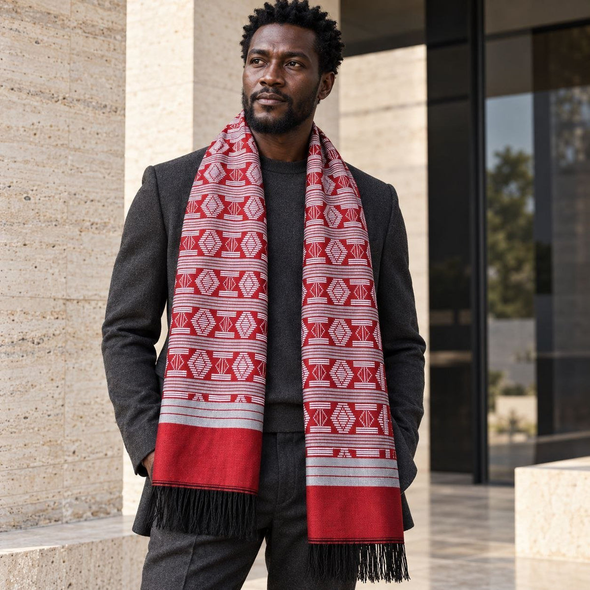 Écharpe Manjak de Luxe rouge et blanc portée par un homme sur un manteau gris anthracite