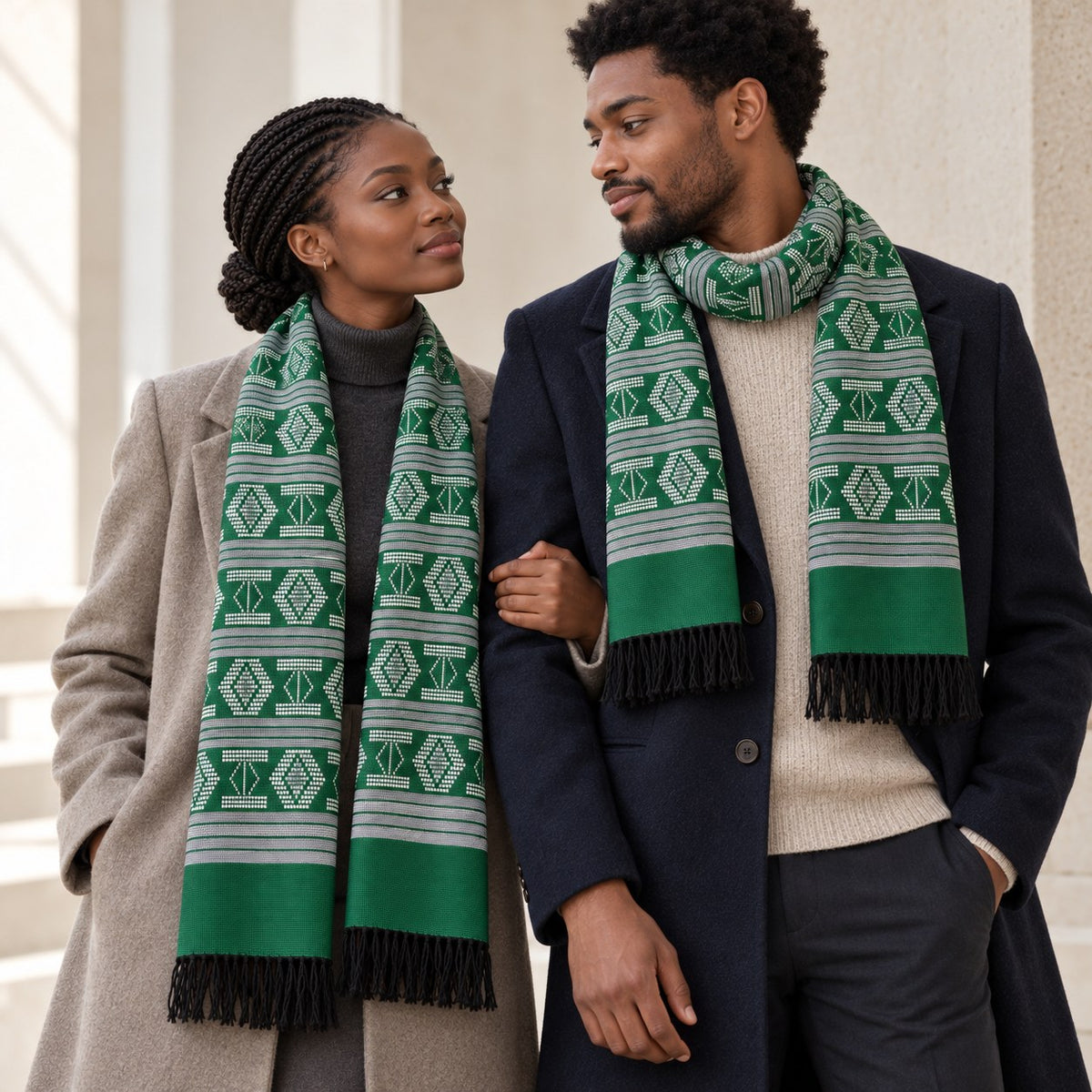 Écharpe Manjak de Luxe verte portée en couple – écharpe mixte homme et femme