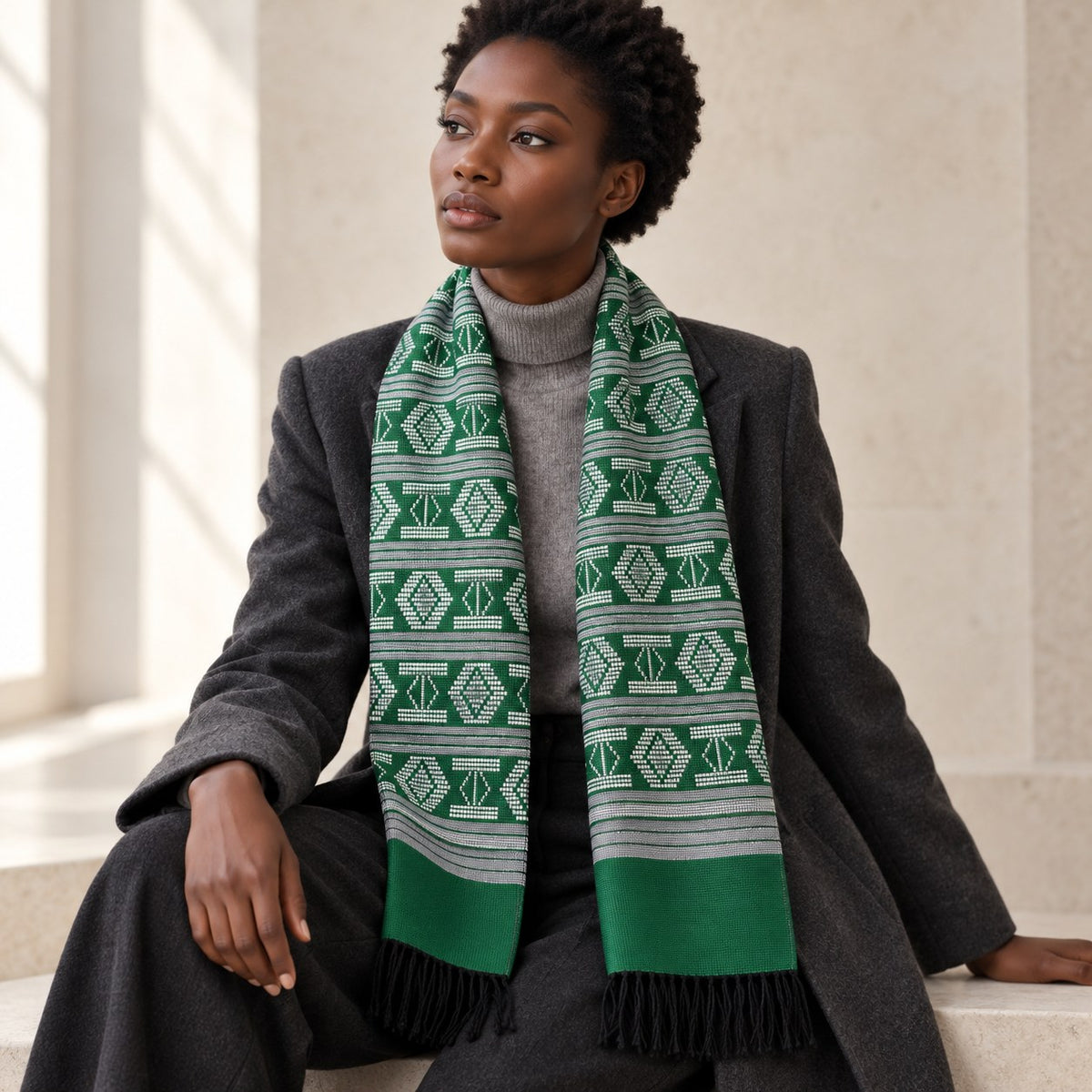Écharpe Manjak de Luxe verte, motifs blancs et bandes grises, portée par une femme sur un manteau gris anthracite