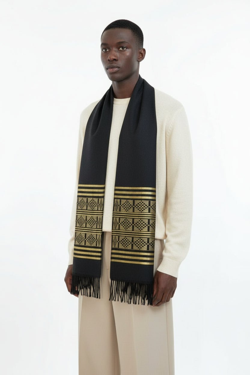 Écharpe Manjak noire et dorée – pagne tissé africain 100 % coton en Echarpe en pagne tissé Manjak artisanal africain - KaolackCreations