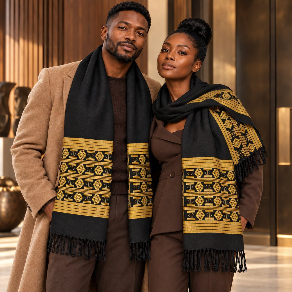 Écharpe Manjak noire et jaune doré, motif 2, portée en couple – écharpe mixte