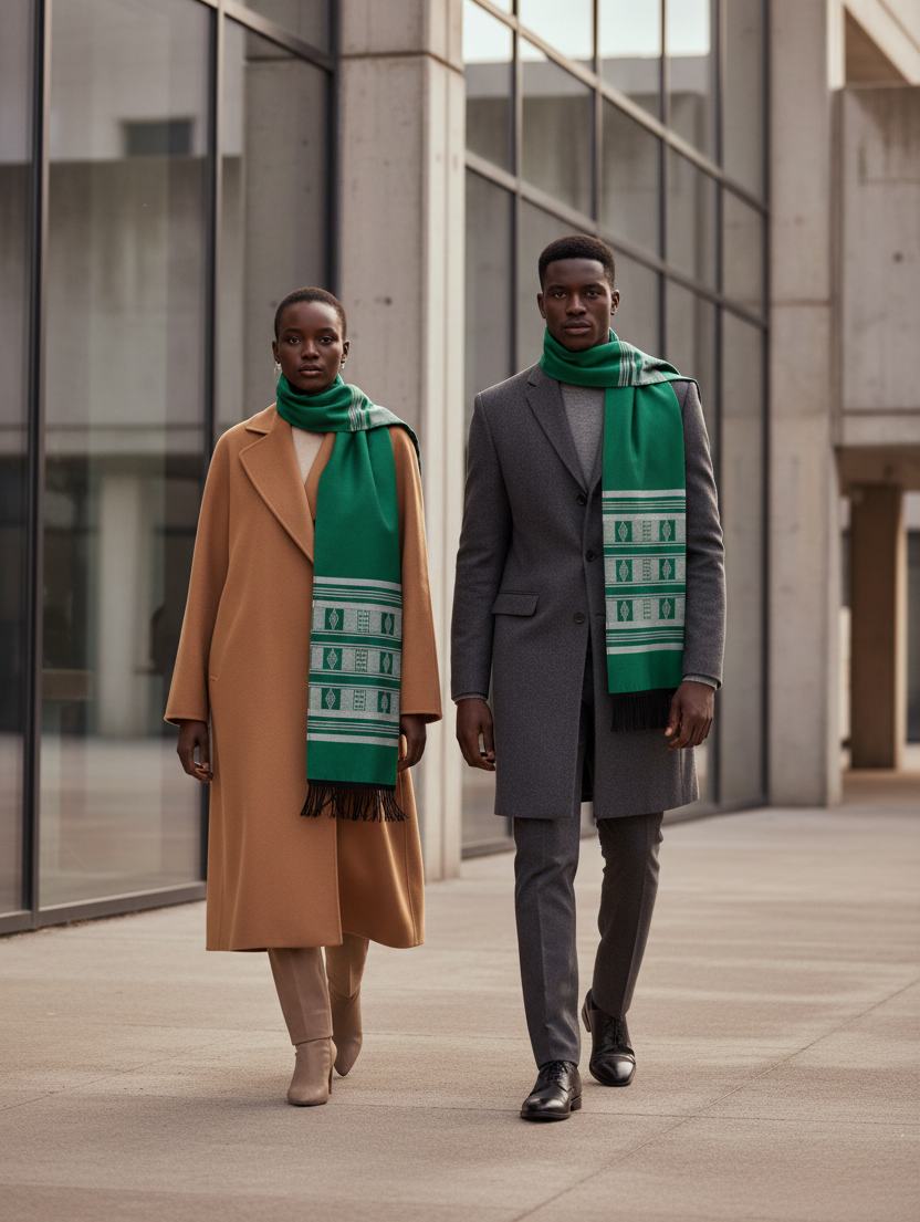 Couple africain élégant portant des écharpes en pagne tissé africain Manjak vert, motifs aux extrémités, accessoire de mode africaine contemporaine