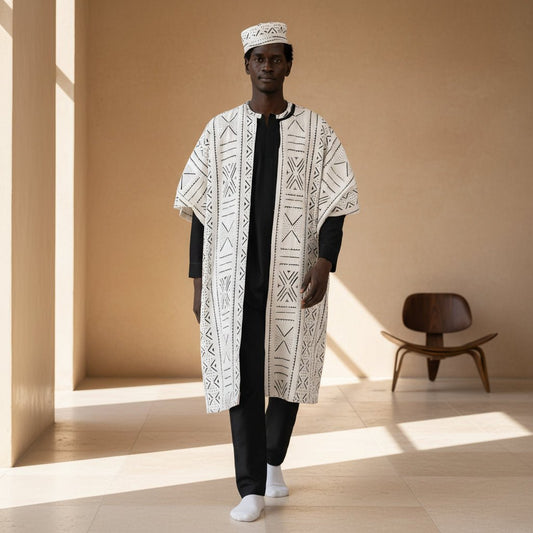 Ensemble homme Kaarta 4 pièces – Kaftan noir, pantalon, gilet bogolan & chapeau en Vêtements homme artisanal africain - KaolackCreations