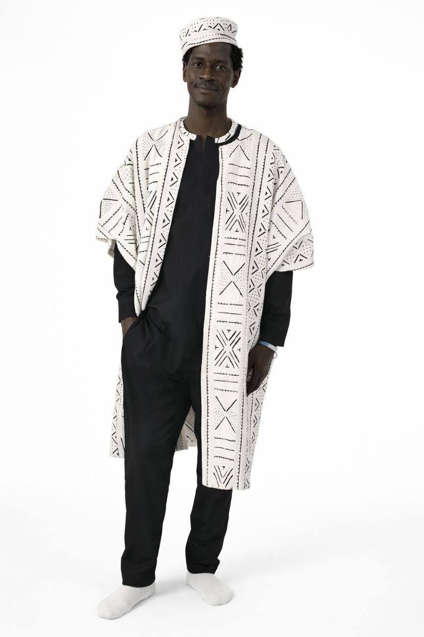 Ensemble homme Kaarta 4 pièces – Kaftan noir, pantalon, gilet bogolan & chapeau en Vêtements homme artisanal africain - KaolackCreations
