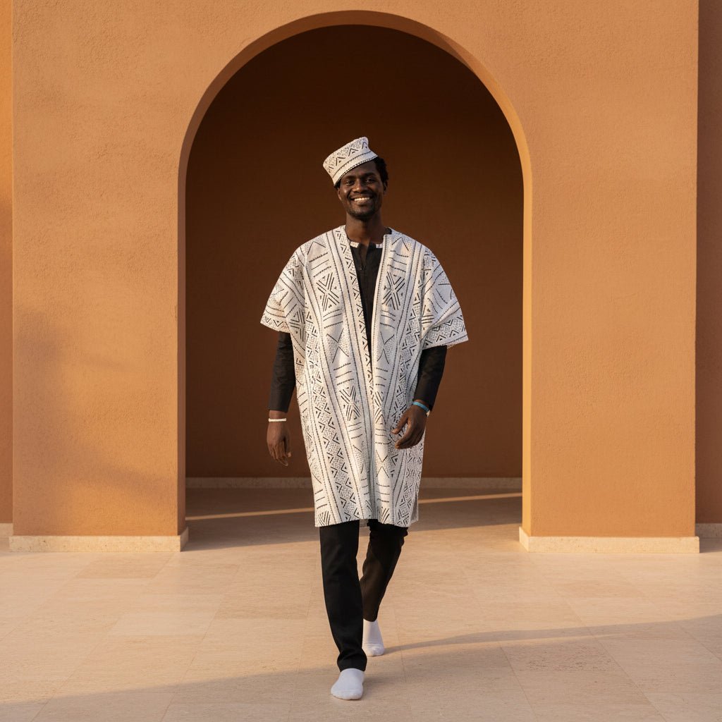 Ensemble homme Kaarta 4 pièces – Kaftan noir, pantalon, gilet bogolan & chapeau en Vêtements homme artisanal africain - KaolackCreations