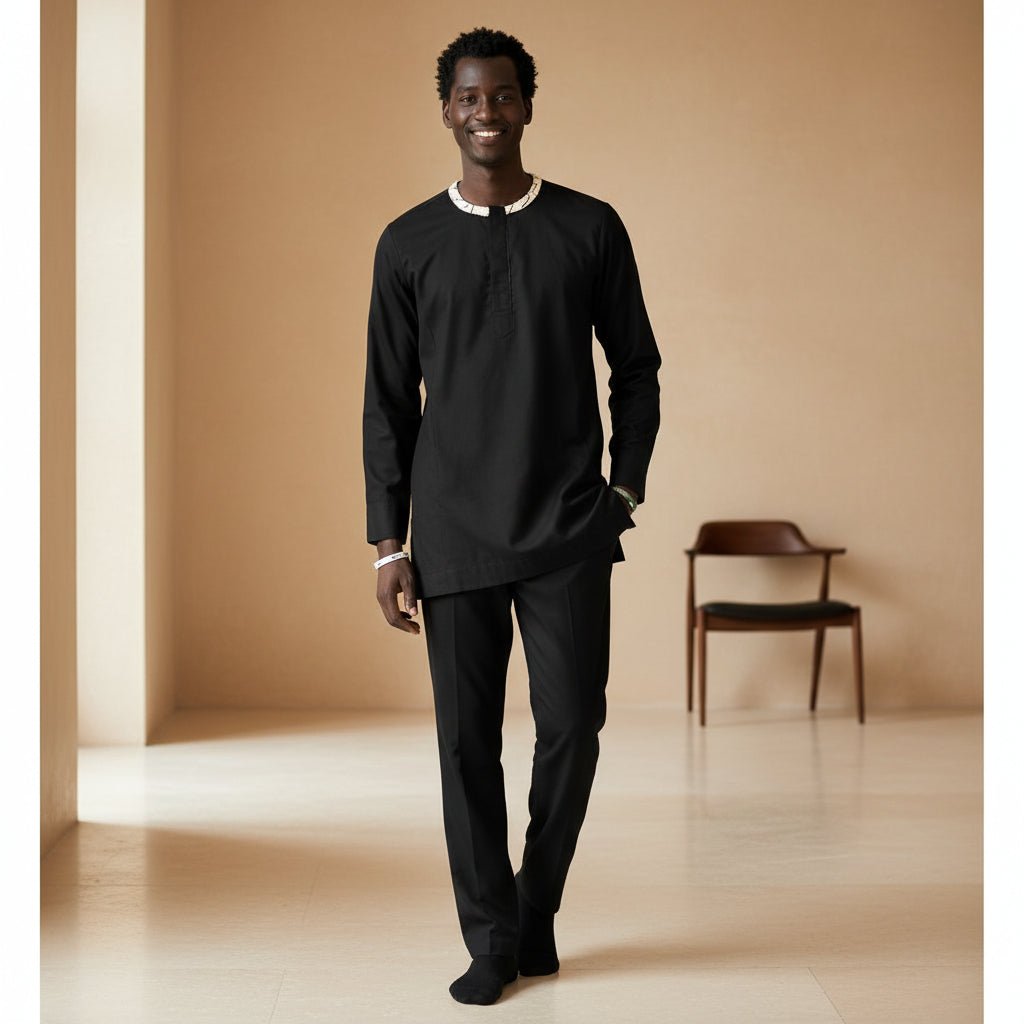 Ensemble homme Kaarta 4 pièces – Kaftan noir, pantalon, gilet bogolan & chapeau en Vêtements homme artisanal africain - KaolackCreations