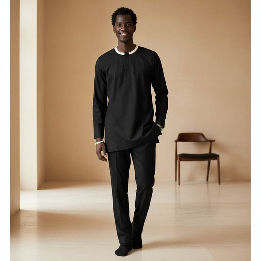 Ensemble homme Kaarta 4 pièces – Kaftan noir, pantalon, gilet bogolan & chapeau en Vêtements homme artisanal africain - KaolackCreations