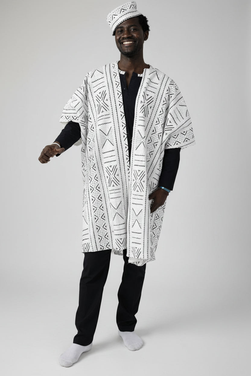 Ensemble homme Kaarta 4 pièces – Kaftan noir, pantalon, gilet bogolan & chapeau en Vêtements homme artisanal africain - KaolackCreations