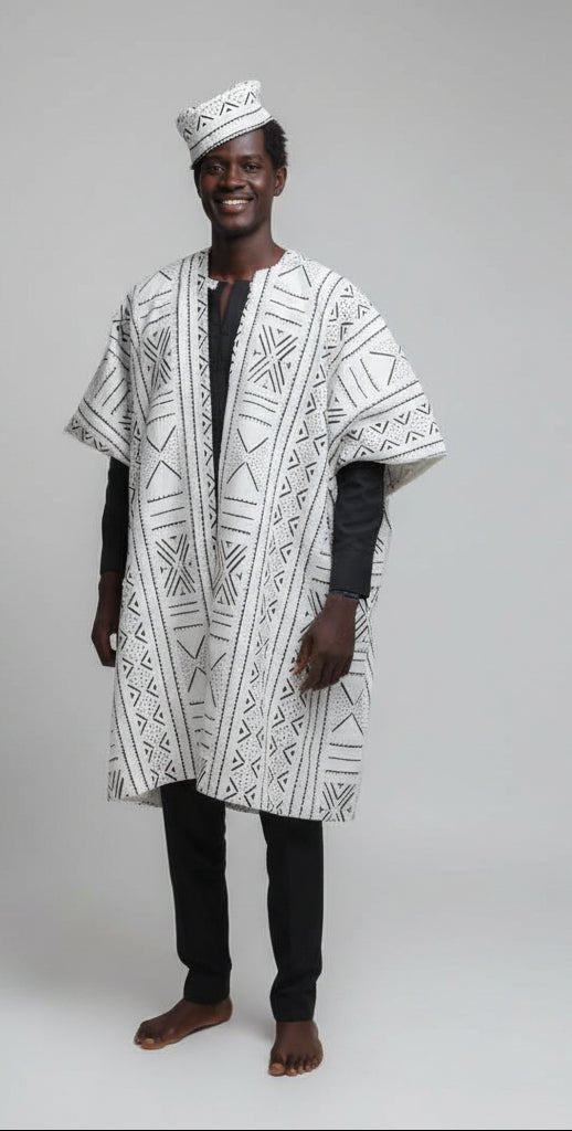 Ensemble homme Kaarta 4 pièces – Kaftan noir, pantalon, gilet bogolan & chapeau en Vêtements homme artisanal africain - KaolackCreations