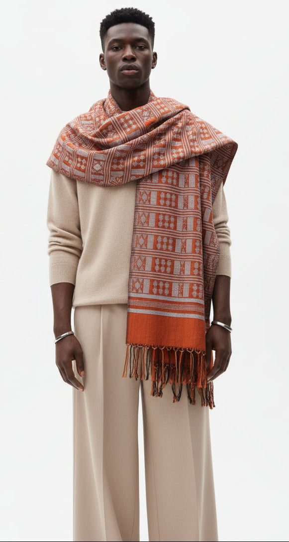 Étole de Luxe en Pagne Tissé Manjak Orange (Mixte) – Édition Très Limitée en Echarpe Etole Manjak de luxe artisanal africain - KaolackCreations
