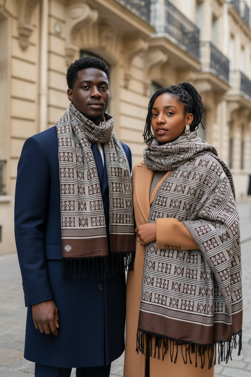 Étole Manjak de Luxe marron, motifs blanc cassé tissés main sur toute la longueur – pagne tissé 100 % coton