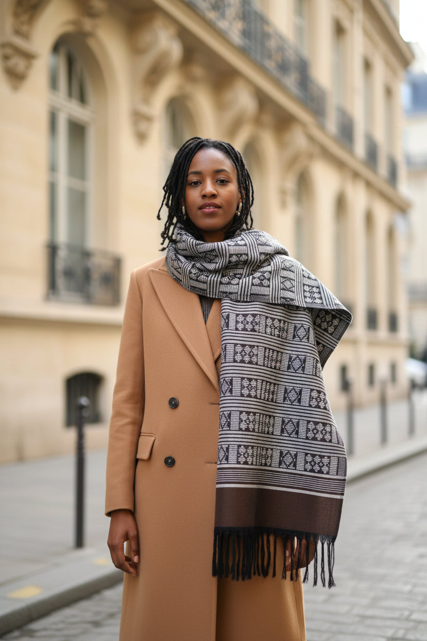 Étole Manjak de Luxe marron à motifs blanc cassé et franges noires – étole mixte