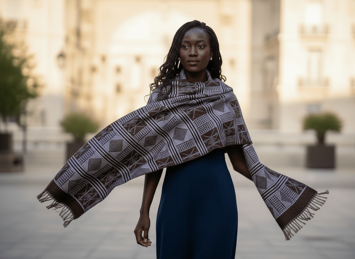 Étole Manjak de Luxe marron et blanc cassé – pagne tissé main Kaolack Créations