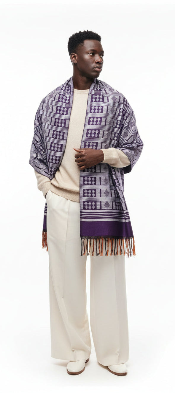 Écharpe-étole Manjak de Luxe violette tissée main, motifs continus sur toute la longueur