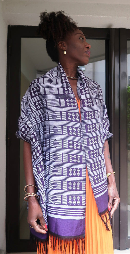 Écharpe-étole Manjak de Luxe violette tissée main, motifs continus sur toute la longueur