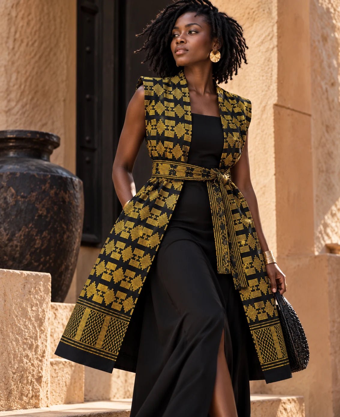 Gilet long mixte en pagne tissé main noir et or porté par une femme sur robe noire – Kaolack Créations
