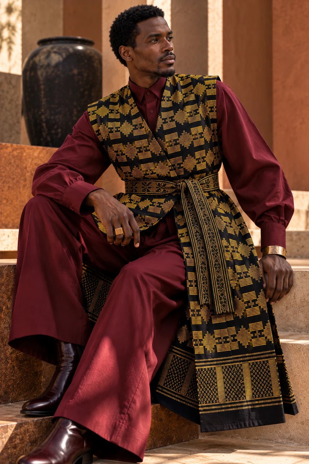 Gilet long mixte en pagne africain tissé main noir et or, homme, sur chemise bordeaux – Kaolack Créations