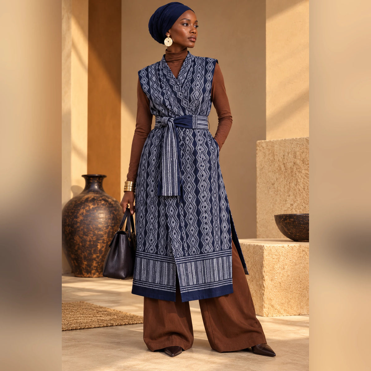 Femme portant un gilet long Manjak bleu marine et gris ceinturé, avec une tenue chocolat