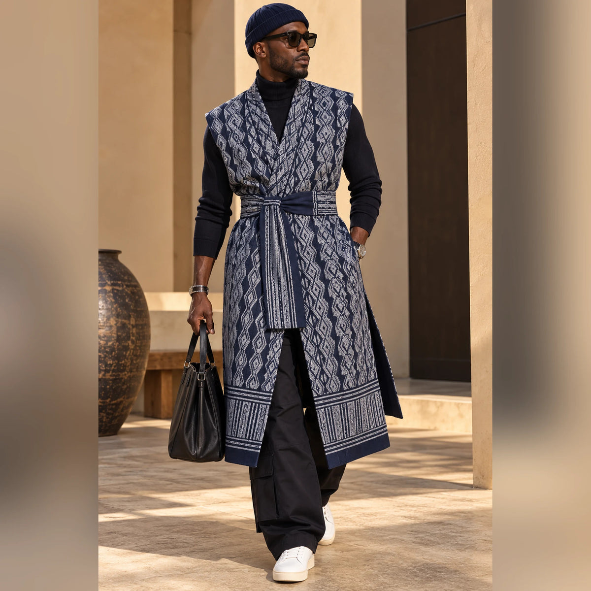 Homme en tenue streetwear portant le gilet long Manjak bleu marine et gris, bonnet et sneakers