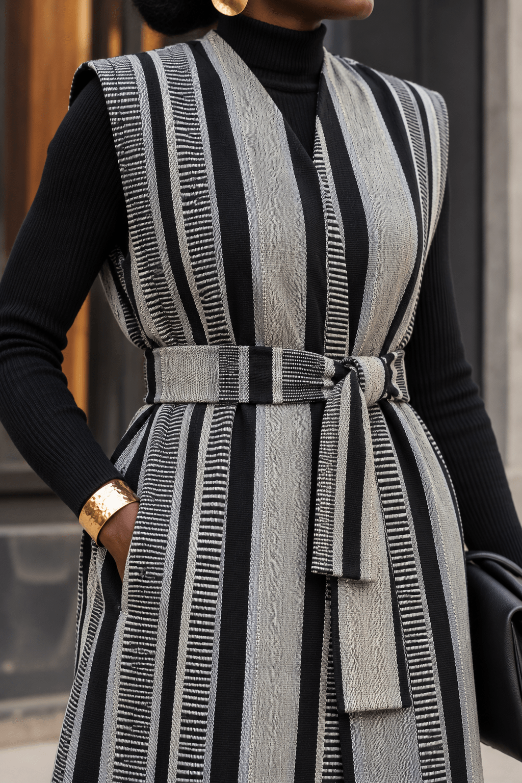 Gilet long mixte en pagne africain tissé main noir, gris et écru, détail textile, gros plan du tissage – Kaolack Créations