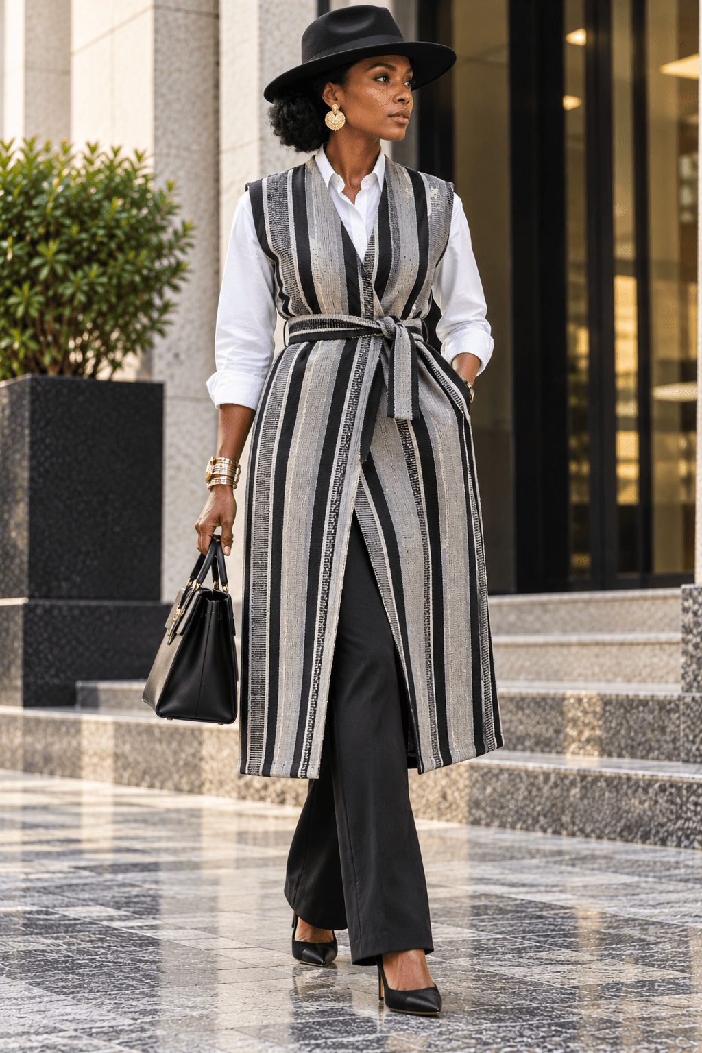 Gilet long mixte en pagne africain tissé main noir, gris et écru, femme, avec chapeau – Kaolack Créations