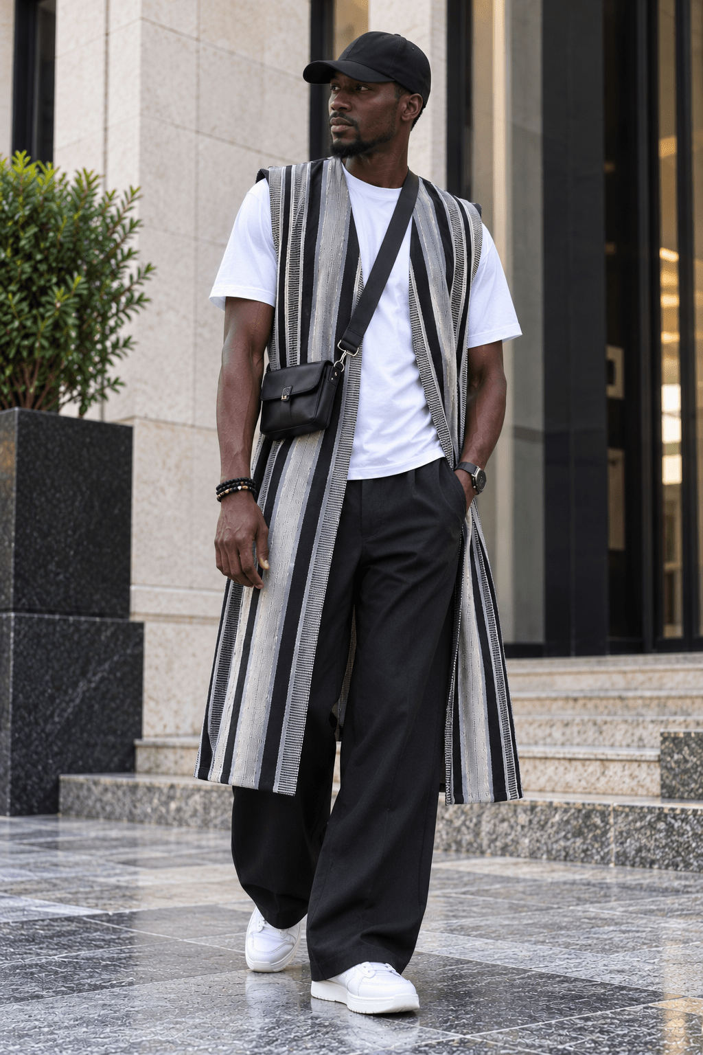 Gilet long mixte en pagne africain tissé main noir, gris et écru, homme, photo éditoriale – Kaolack Créations