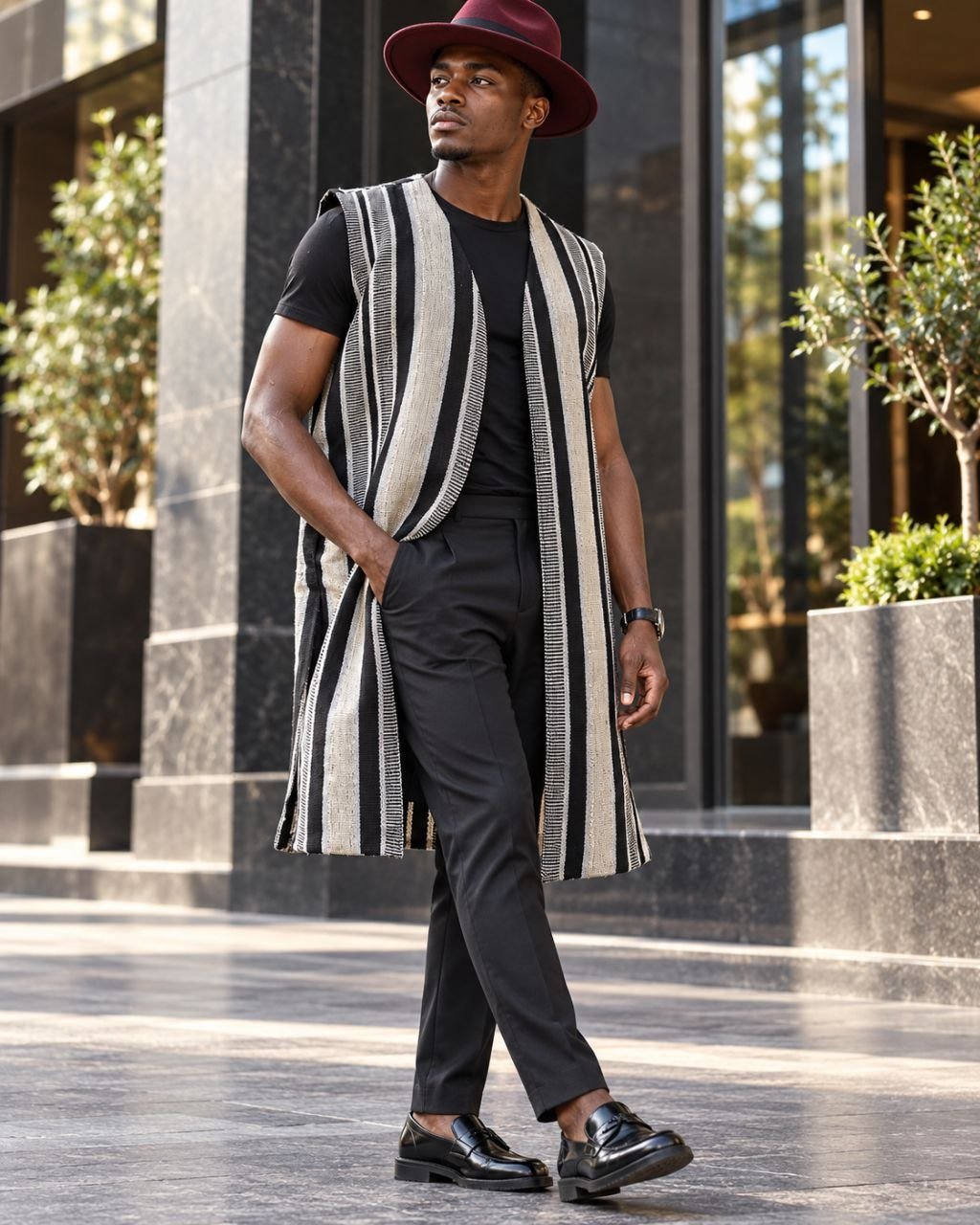 Gilet long mixte en pagne africain tissé main noir, gris et écru, homme, sur chemise bordeaux – Kaolack Créations