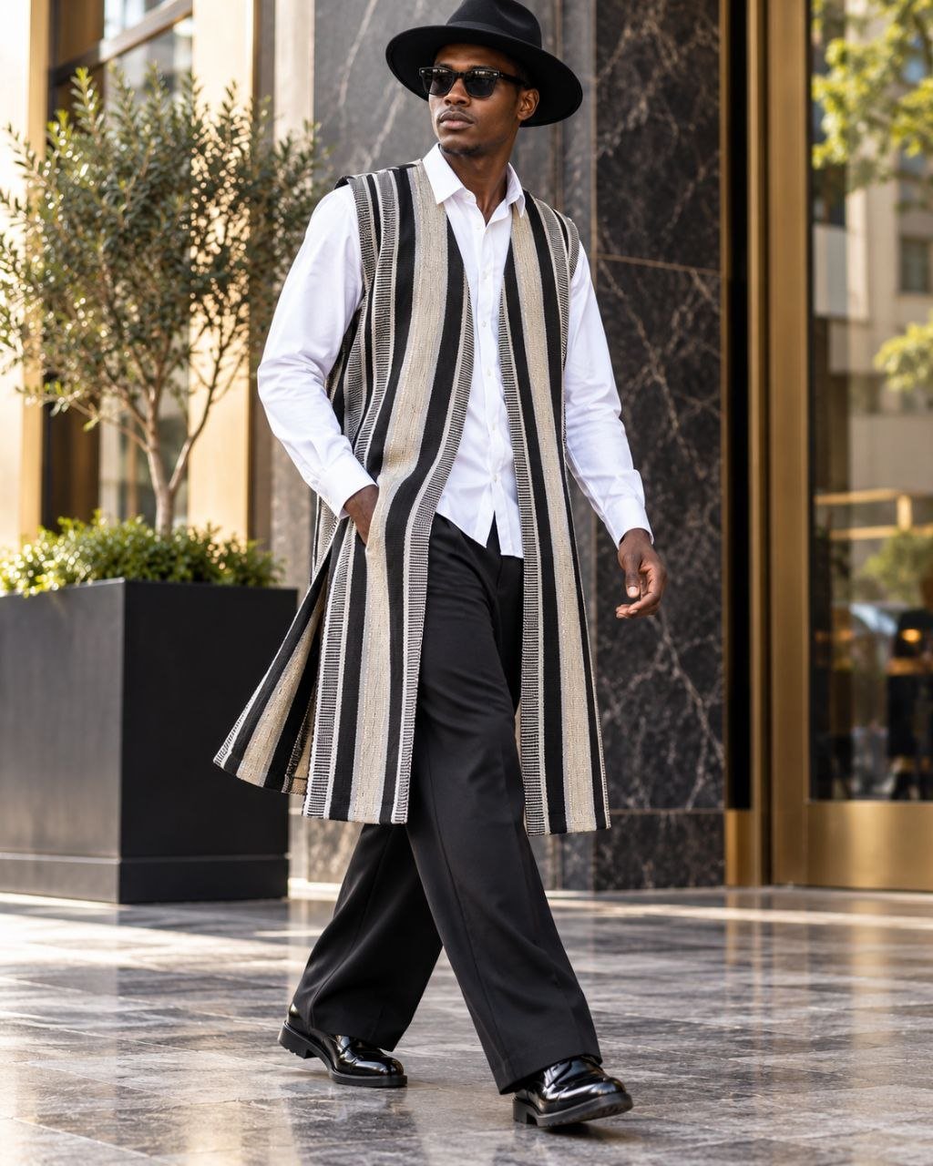 Gilet long mixte en pagne africain tissé main noir, gris et écru, homme, sur chemise blanche – Kaolack Créations