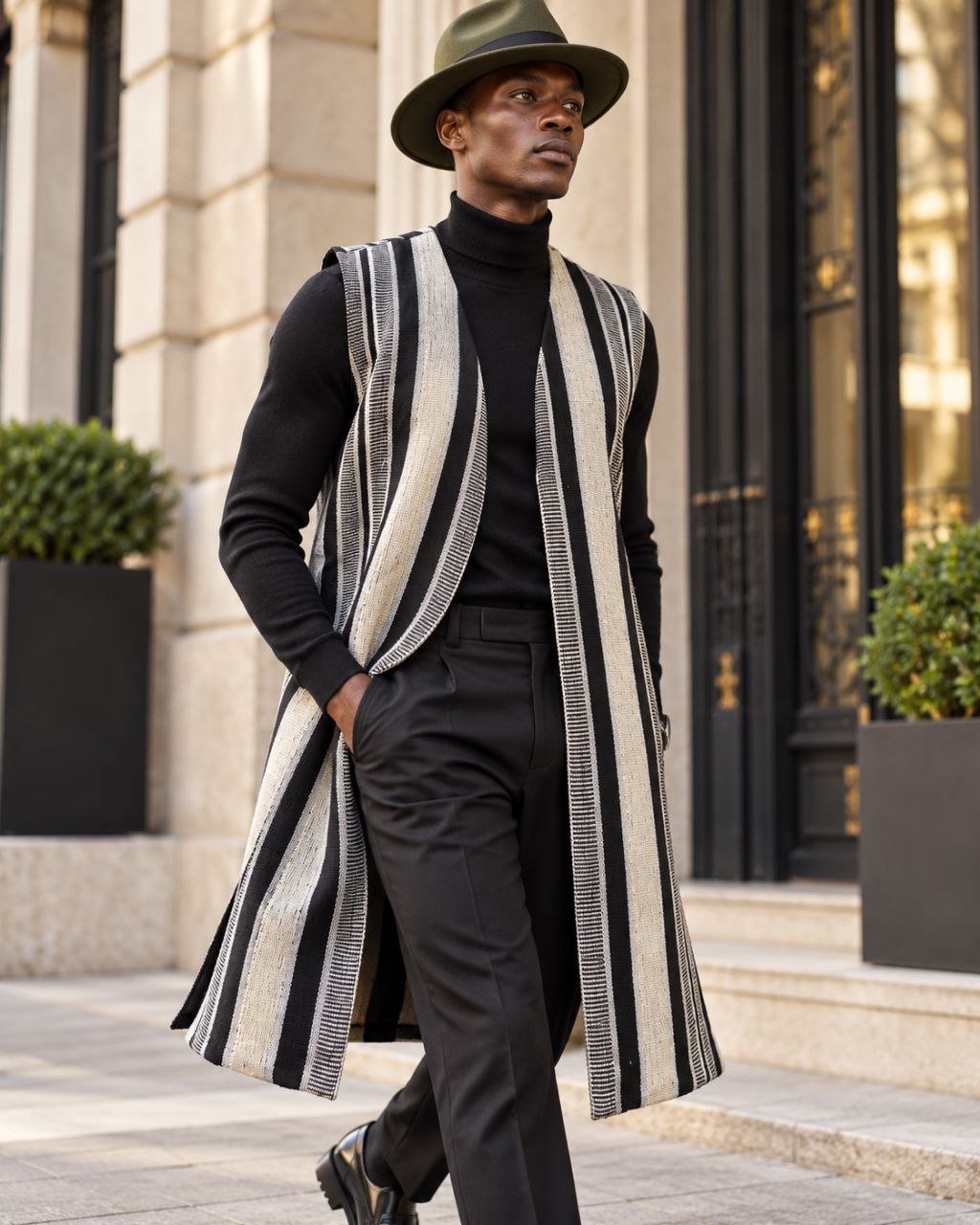 Gilet long mixte en pagne africain tissé main noir, gris et écru, homme, col roulé – Kaolack Créations