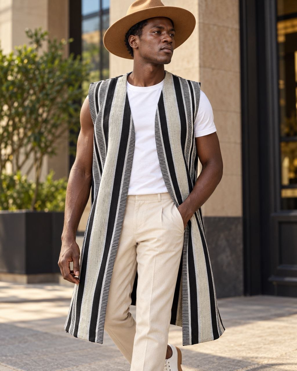 Gilet long mixte en pagne africain tissé main noir, gris et écru, homme, pantalon beige – Kaolack Créations