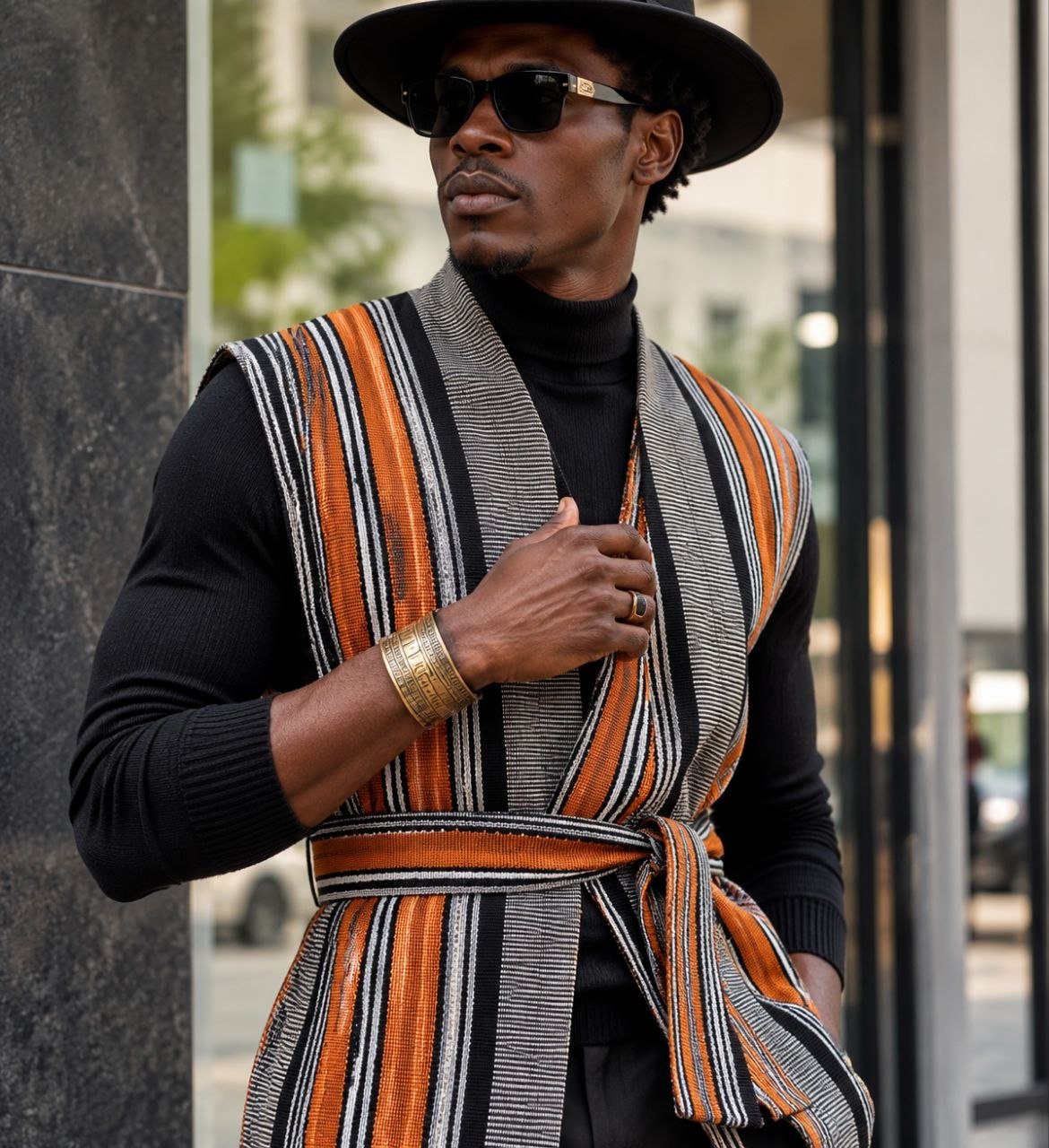 Gilet long mixte en pagne africain tissé main orange, cuivre, noir et écru, détail textile, ceinture assortie de 8 cm – Kaolack Créations