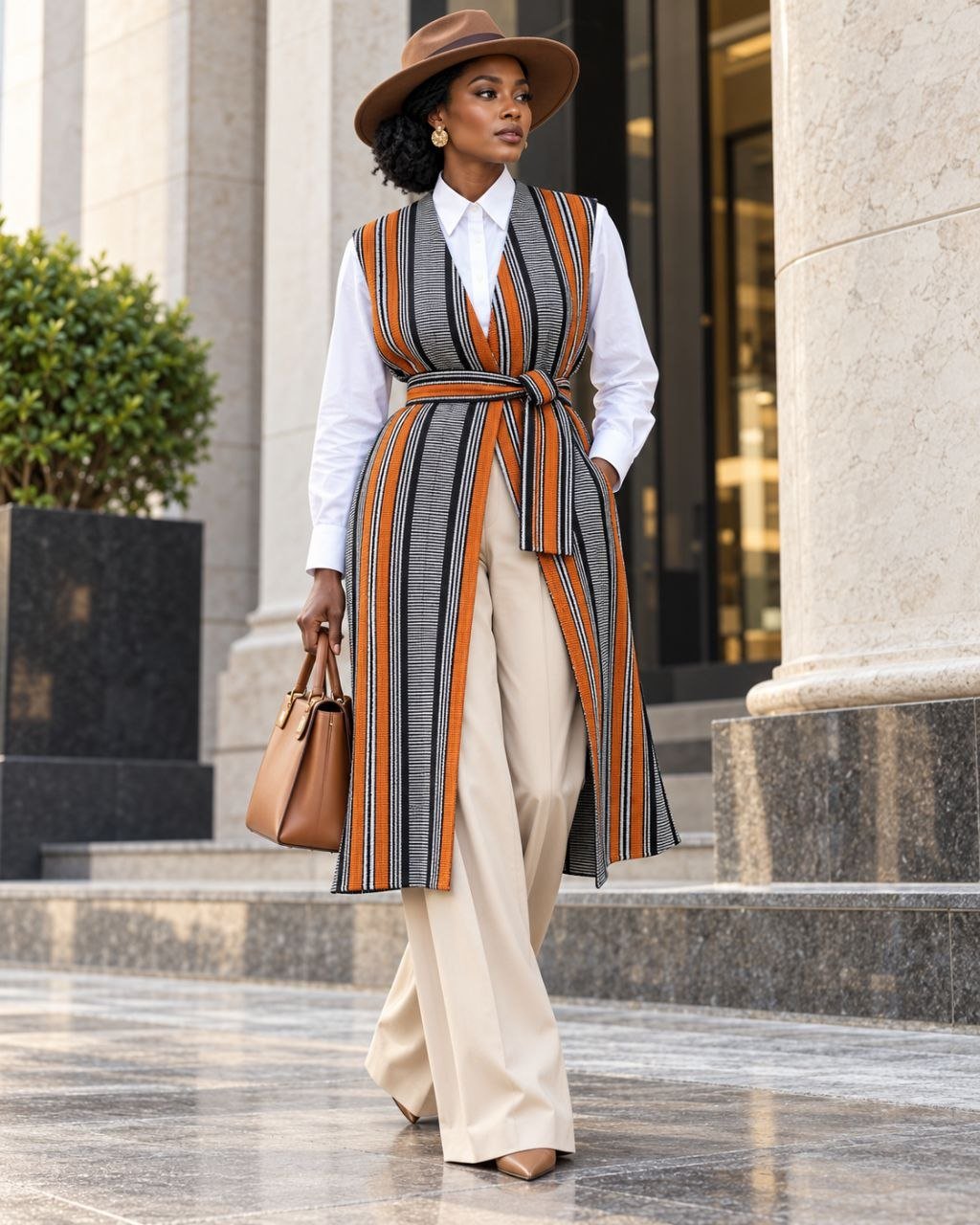 Gilet long mixte en pagne africain tissé main orange, cuivre, noir et écru, femme, avec chapeau – Kaolack Créations