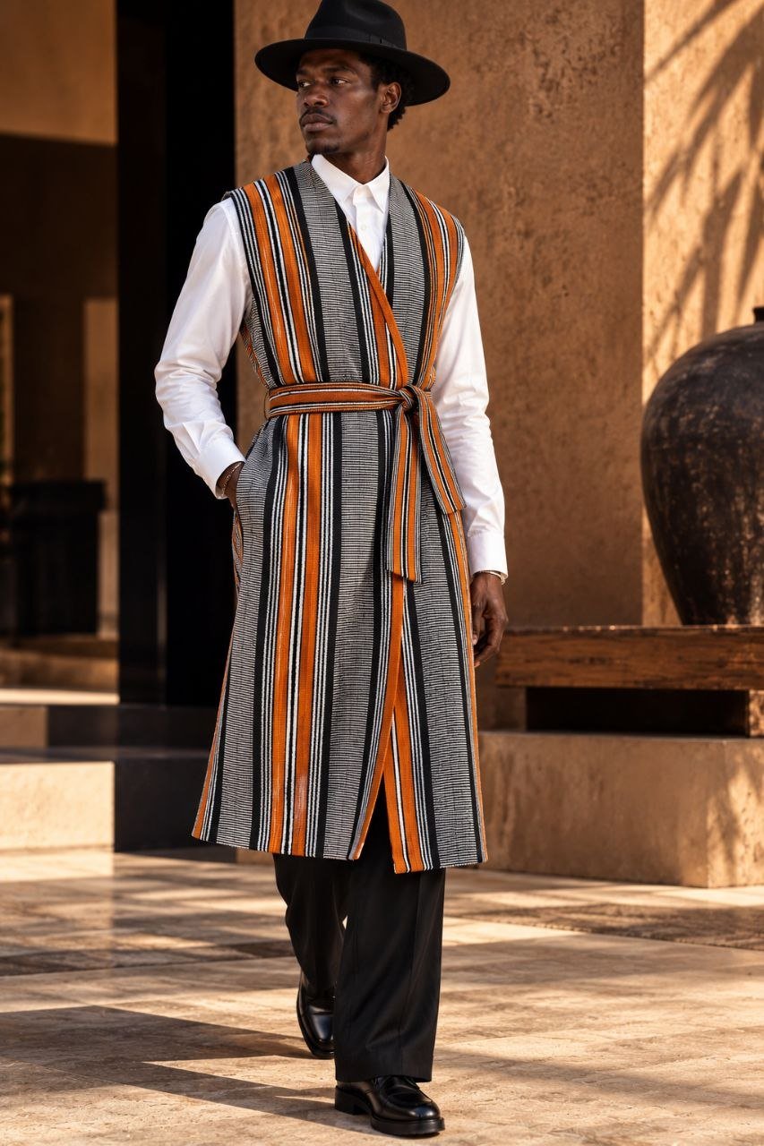 Gilet long mixte en pagne africain tissé main orange, cuivre, noir et écru, homme, ceinture assortie de 8 cm – Kaolack Créations