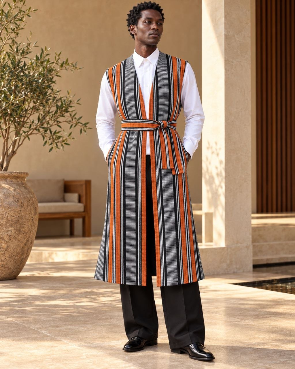 Gilet long mixte en pagne africain tissé main orange, cuivre, noir et écru, homme, sur chemise blanche – Kaolack Créations