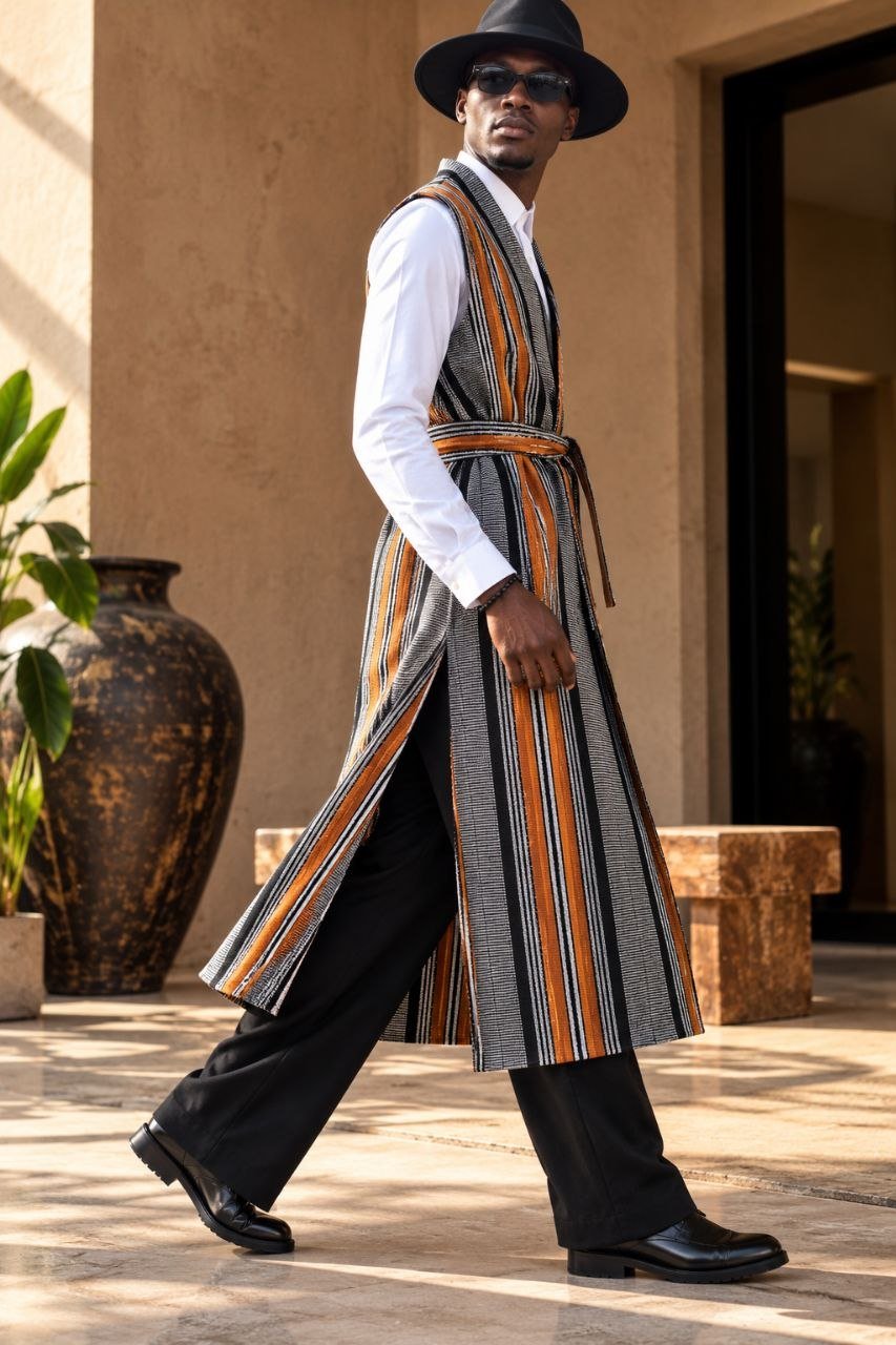 Gilet long mixte en pagne africain tissé main orange, cuivre, noir et écru, homme, ceinture assortie de 8 cm – Kaolack Créations