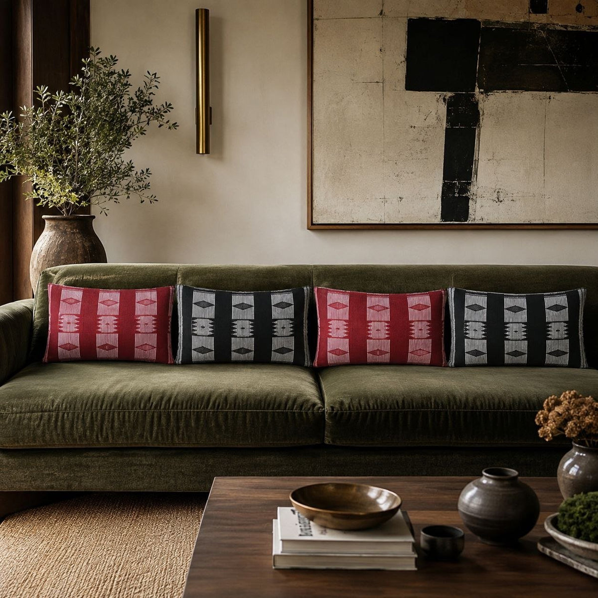 Quatre housses de coussin Manjak alternées rouge et noir sur un canapé en velours vert olive