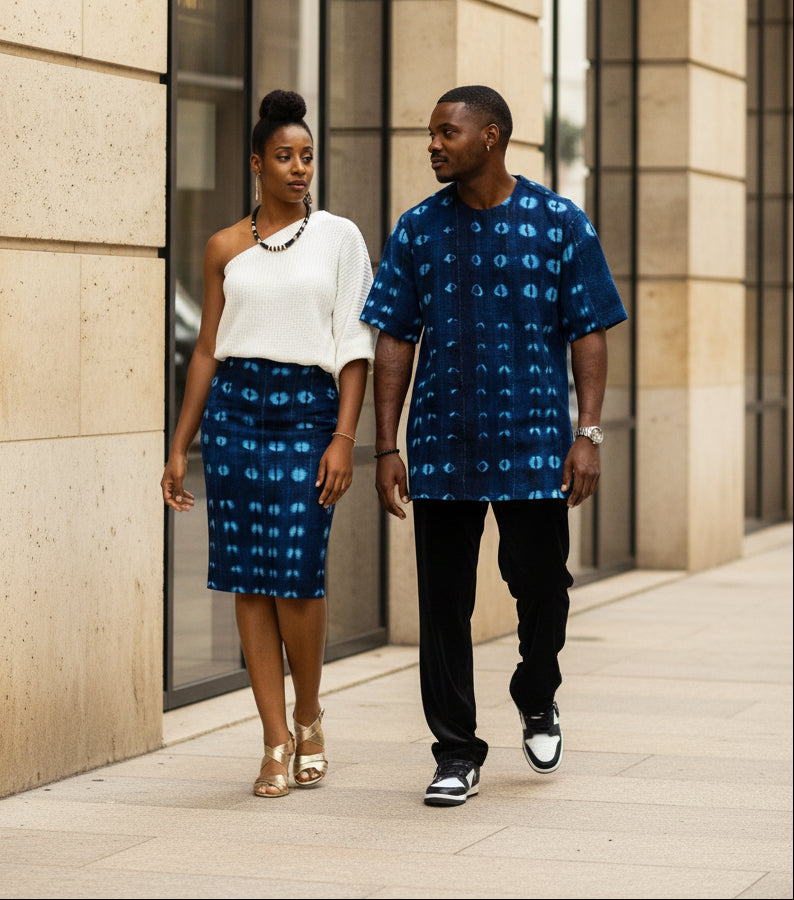 galafini tissé main et teint à l’indigo végétal jupe femme et chemise homme mode africaine