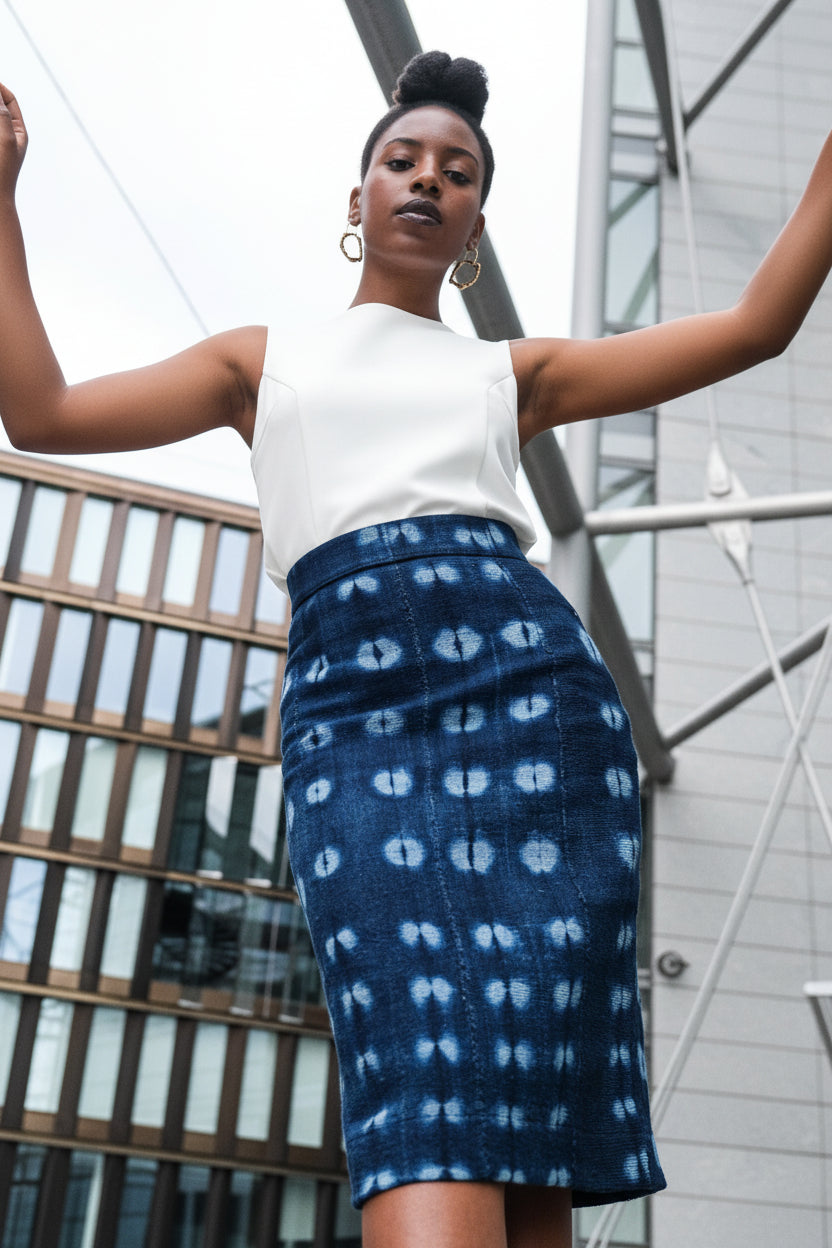 Jupe crayon en galafini indigo – vue de face soulignant la coupe
