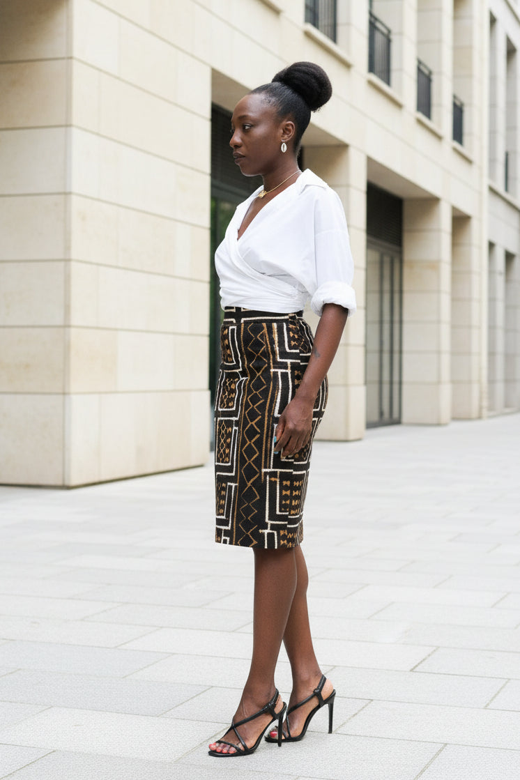 Jupe crayon taille haute "Kaarta" en bogolan marron - 100% coton tissé à la main en Jupe Bogolan crayon taille haute artisanal africain - KaolackCreations