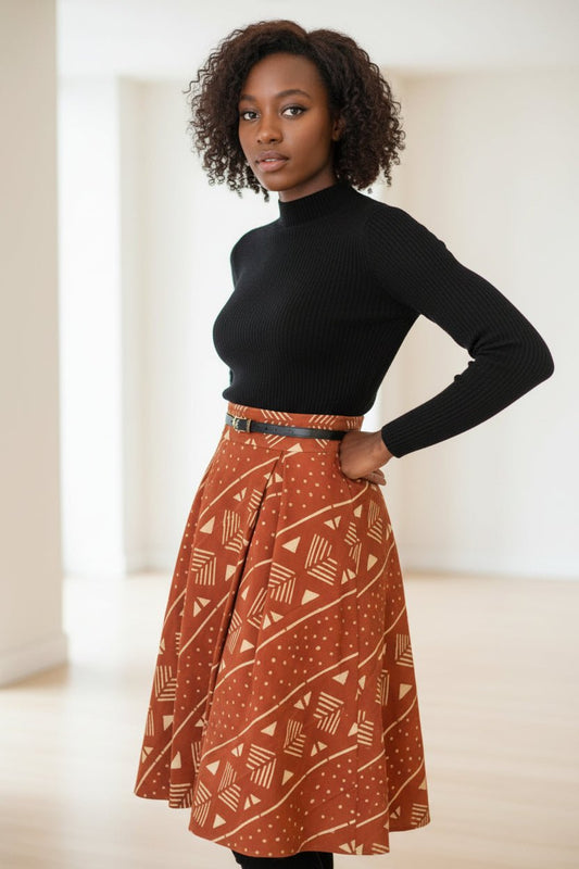 Jupe trapèze en bogolan rouge latérite – pièce mode africaine contemporaine en artisanal africain - KaolackCreations