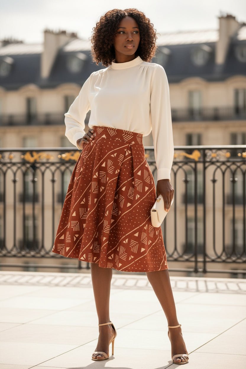 Jupe trapèze en bogolan rouge latérite – pièce mode africaine contemporaine en artisanal africain - KaolackCreations