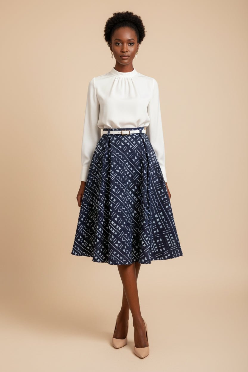 Jupe trapèze taille haute pagne tissé galafini indigo Mali en Jupe artisanal africain - KaolackCreations